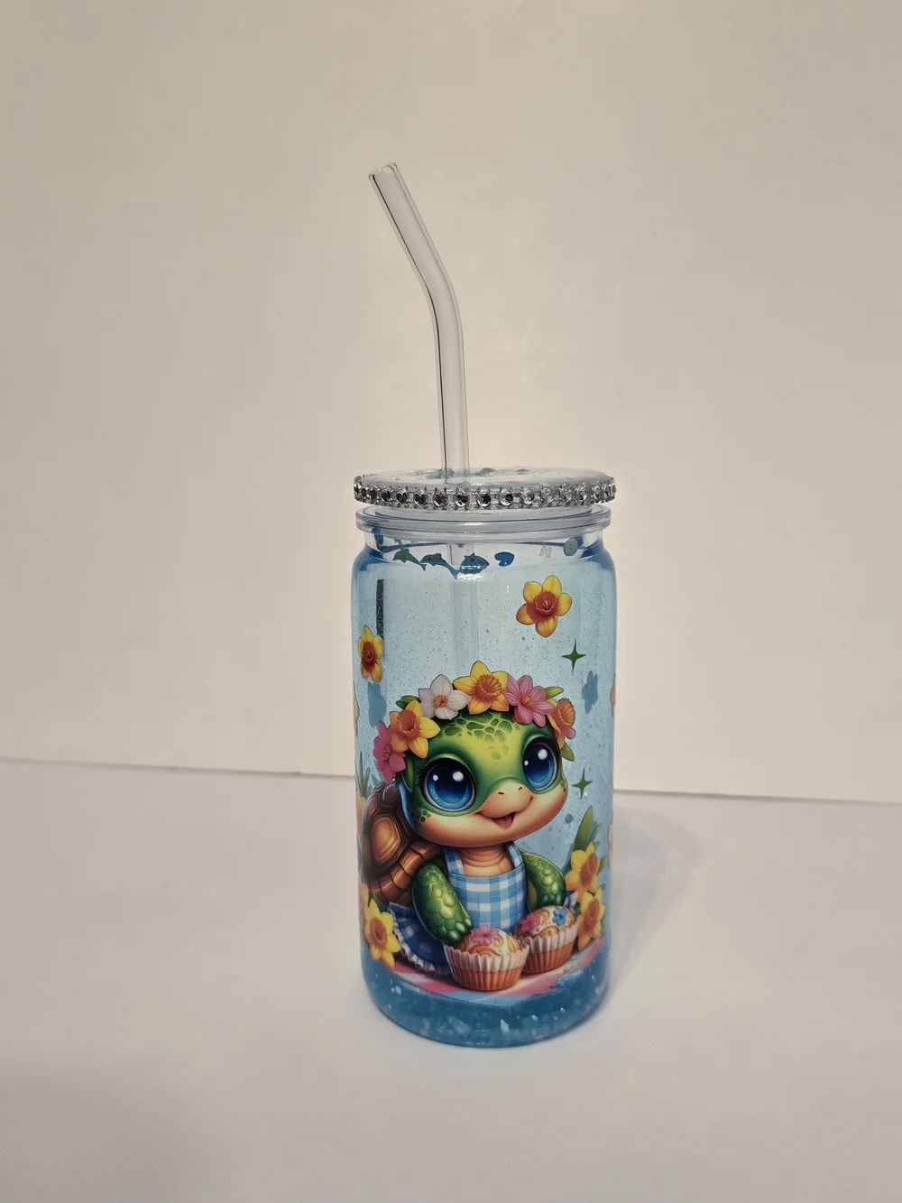 Snowglobe Blue Turtle-Themed Reusable Party Drink Jar with Straw.